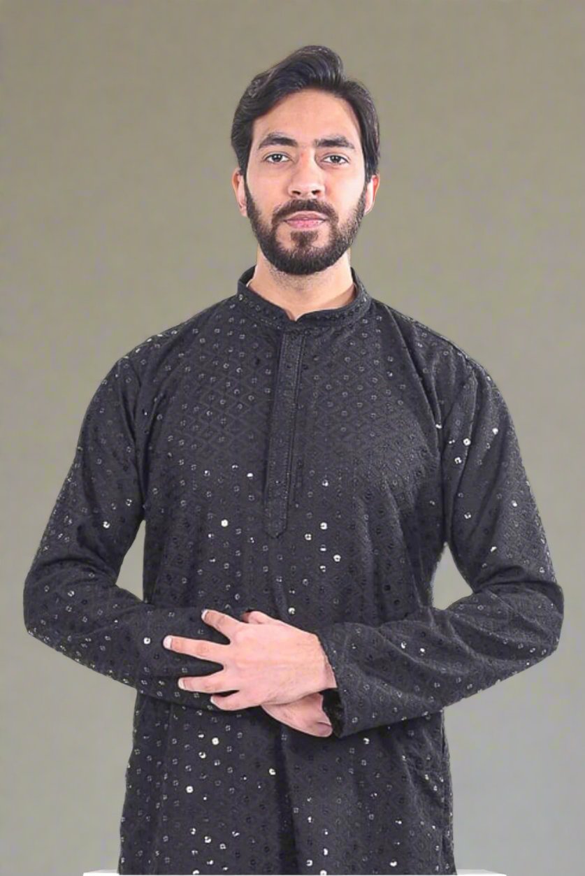 Black Chickenkari Rayon Kurta Set
