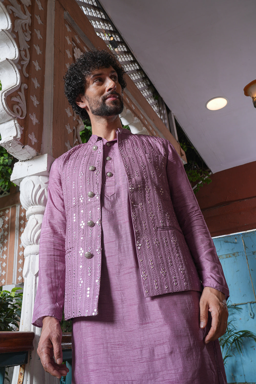 Lilac Round Mirrored Silk Jacket Set