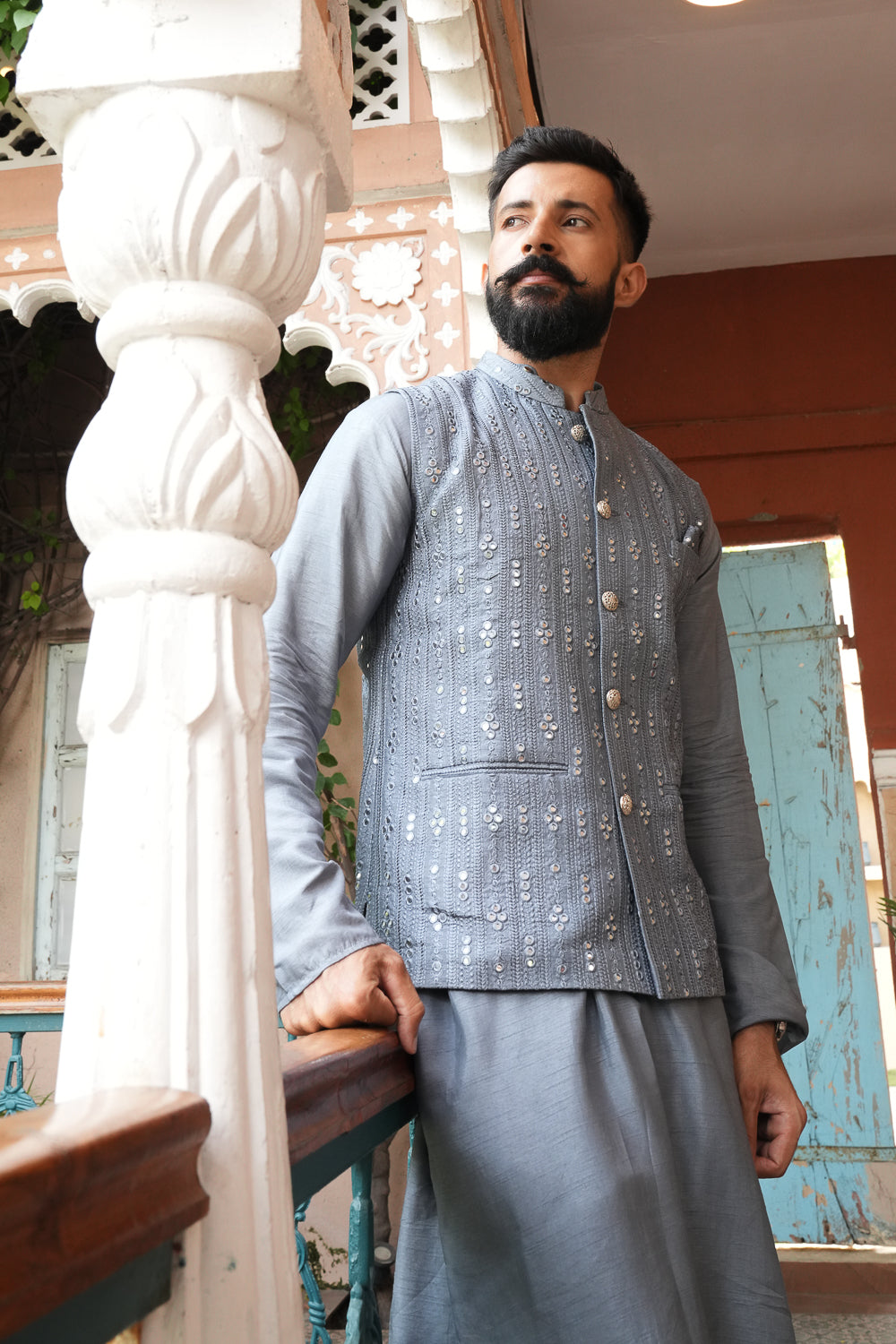 Grey Round Mirrored Silk Jacket Set