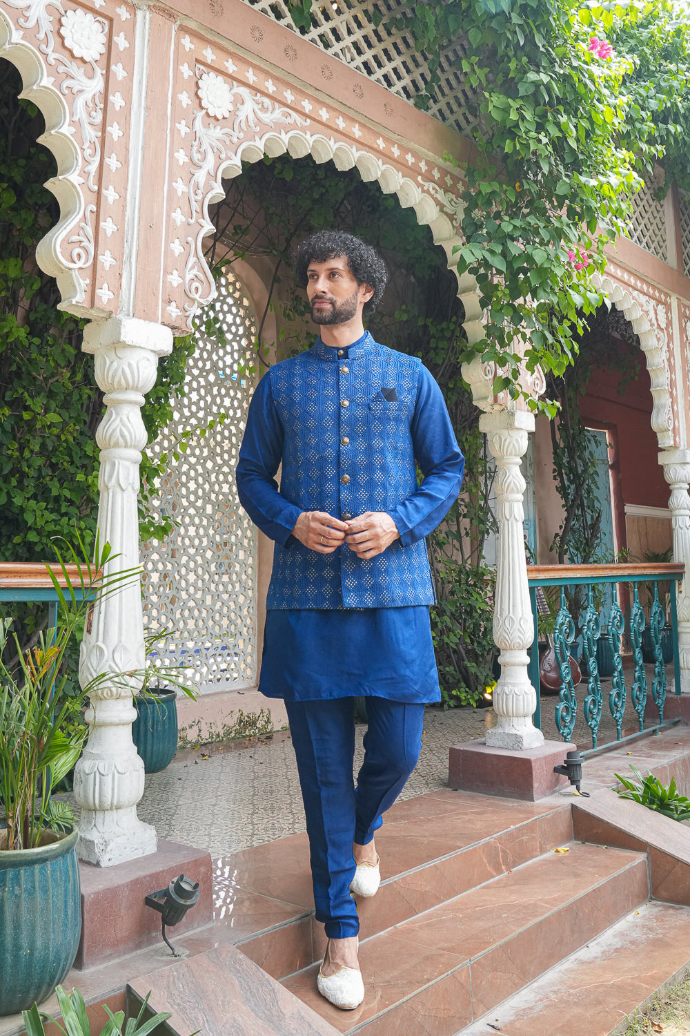 Blue Heavy Embroidered Jacket Set