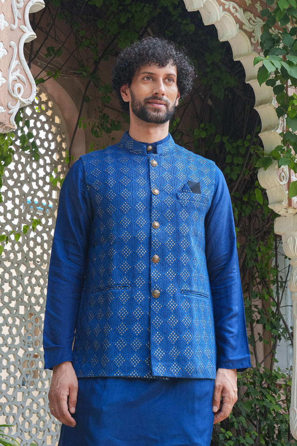 Blue Heavy Embroidered Jacket Set