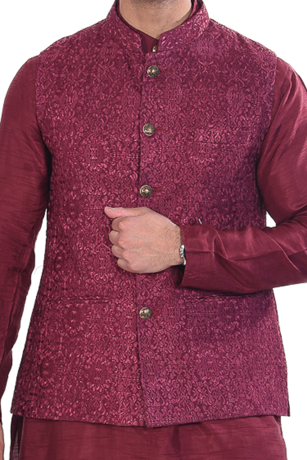 Wine Silk Embroidered Jacket