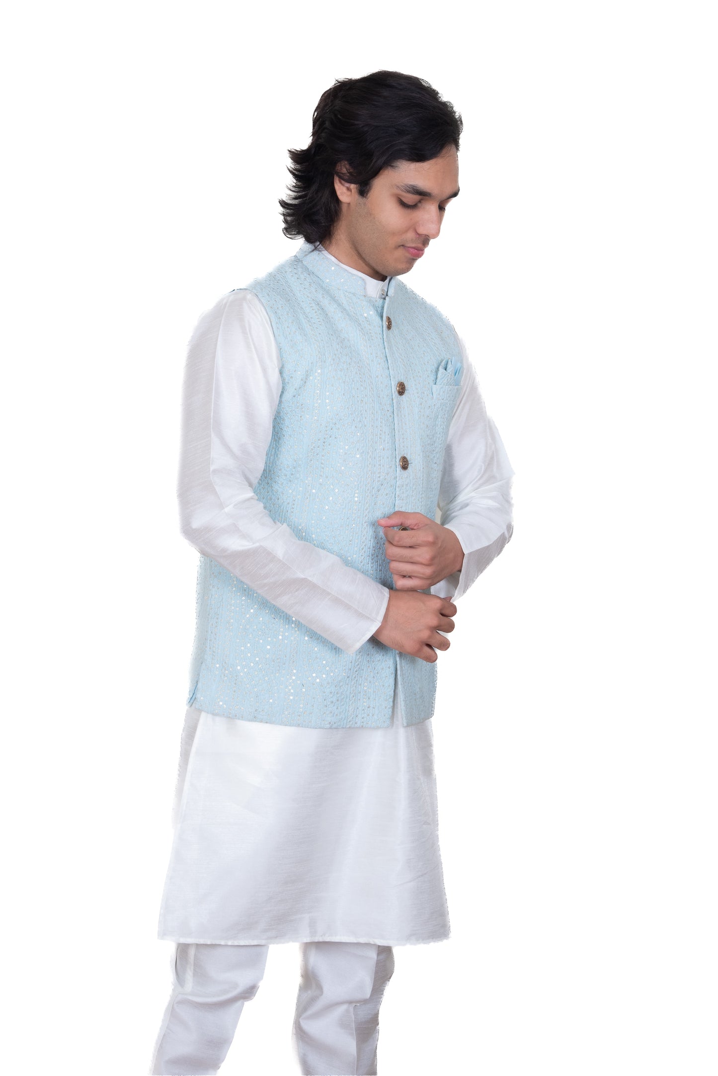 Sky Blue Embroidered Jacket Set