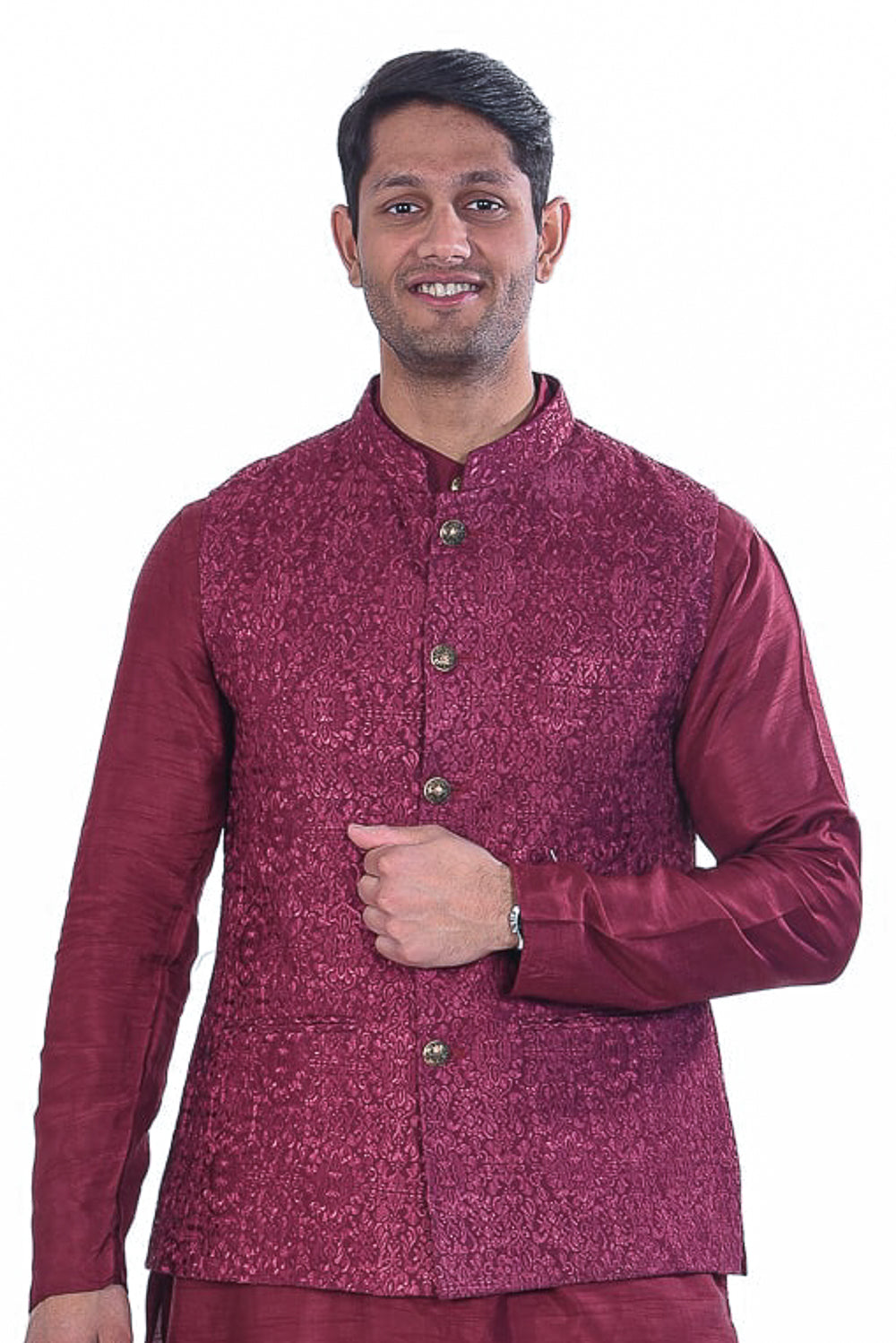 Wine Koti Jacket Set with Embroidered Motifs
