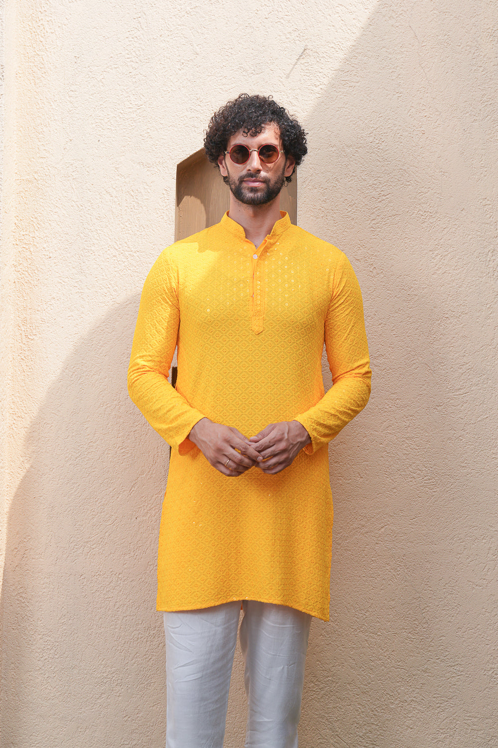 Yellow Chikenkari Sequined Kurta