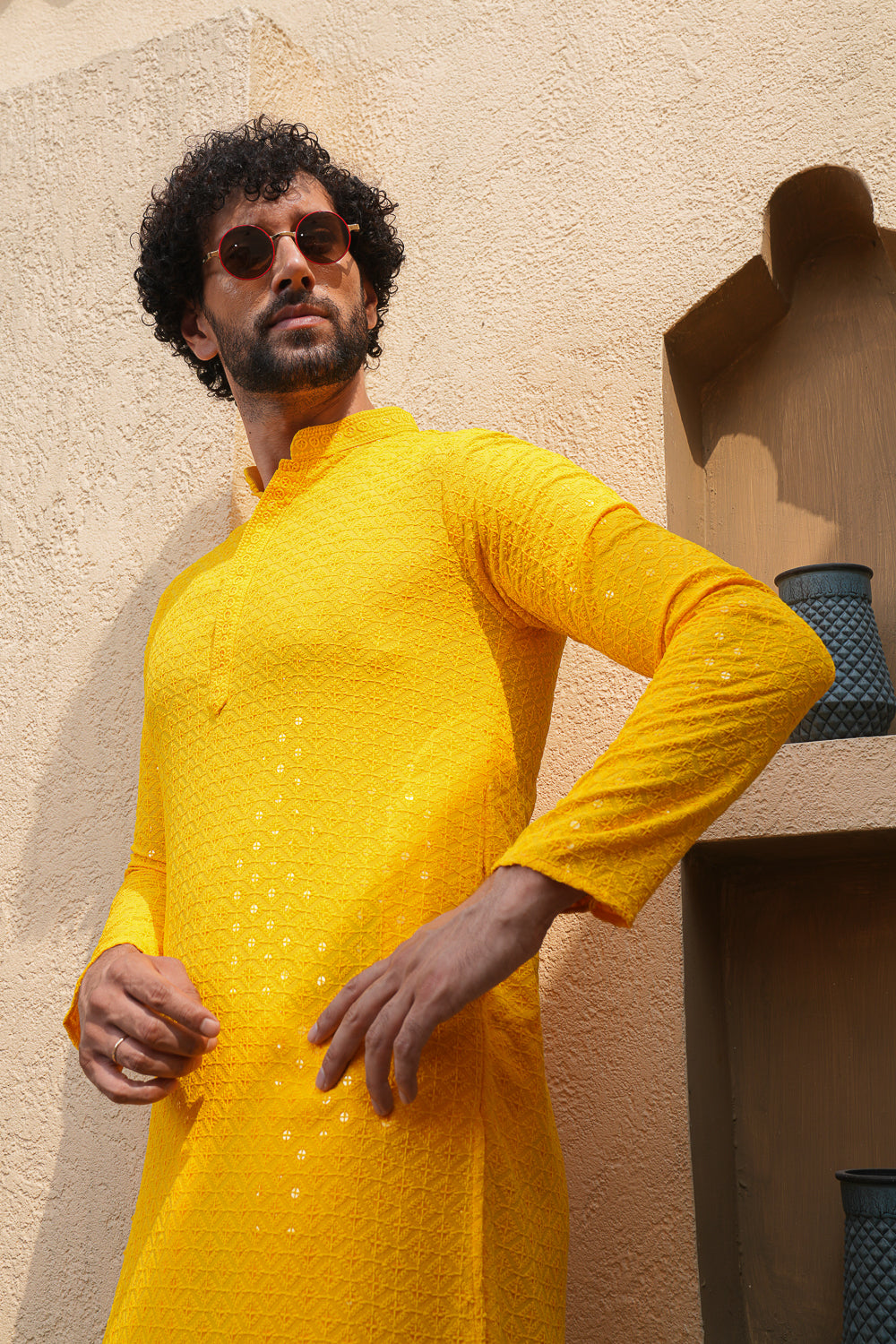 Yellow Chikenkari Sequined Kurta