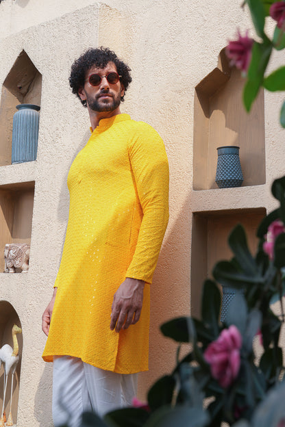 Yellow Chikenkari Sequined Kurta