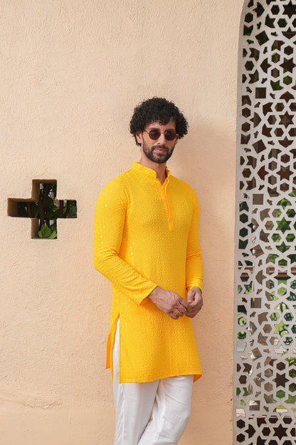 Yellow Chikenkari Sequined Kurta