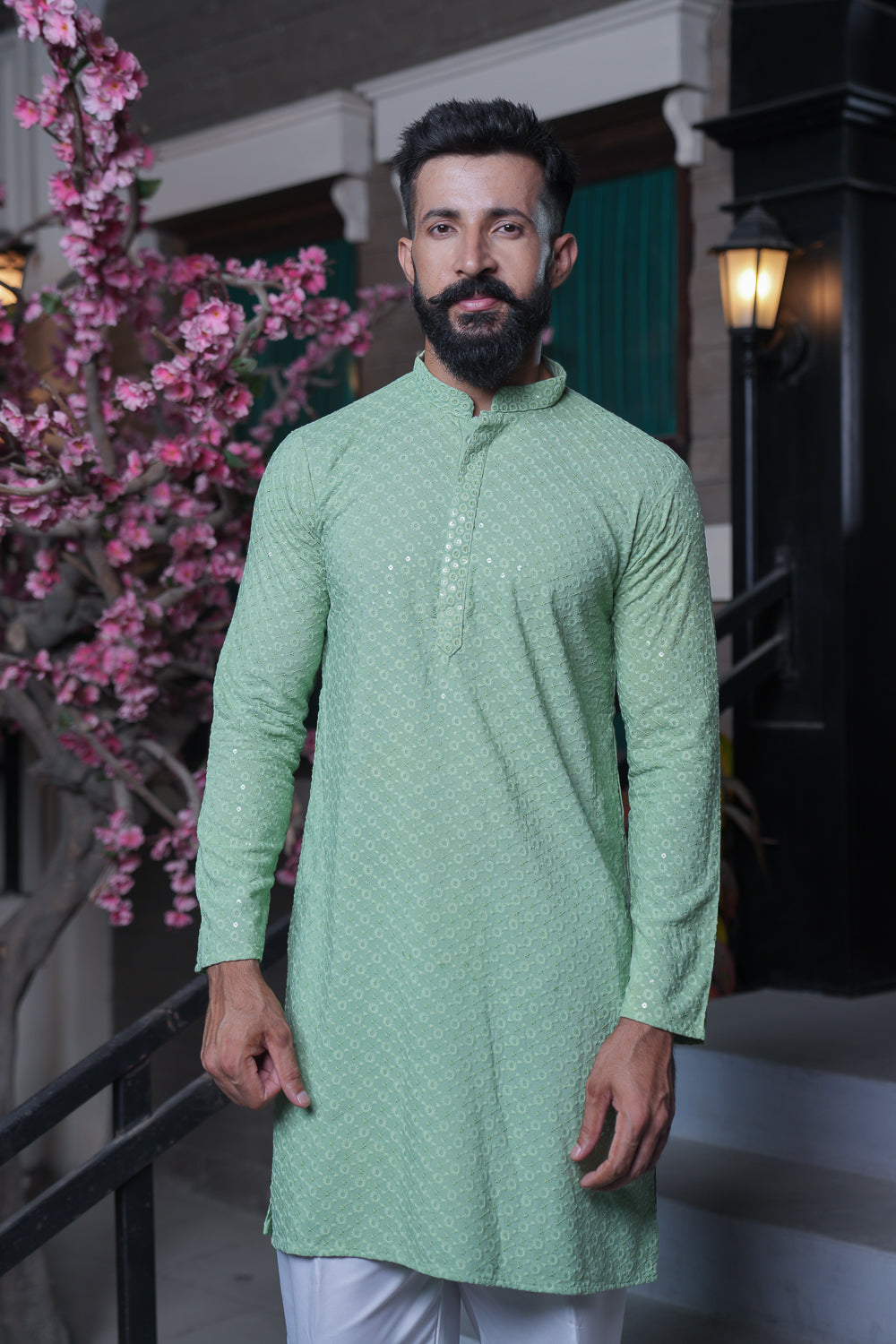 Green Pastel Sequinned Chikenkari Kurta