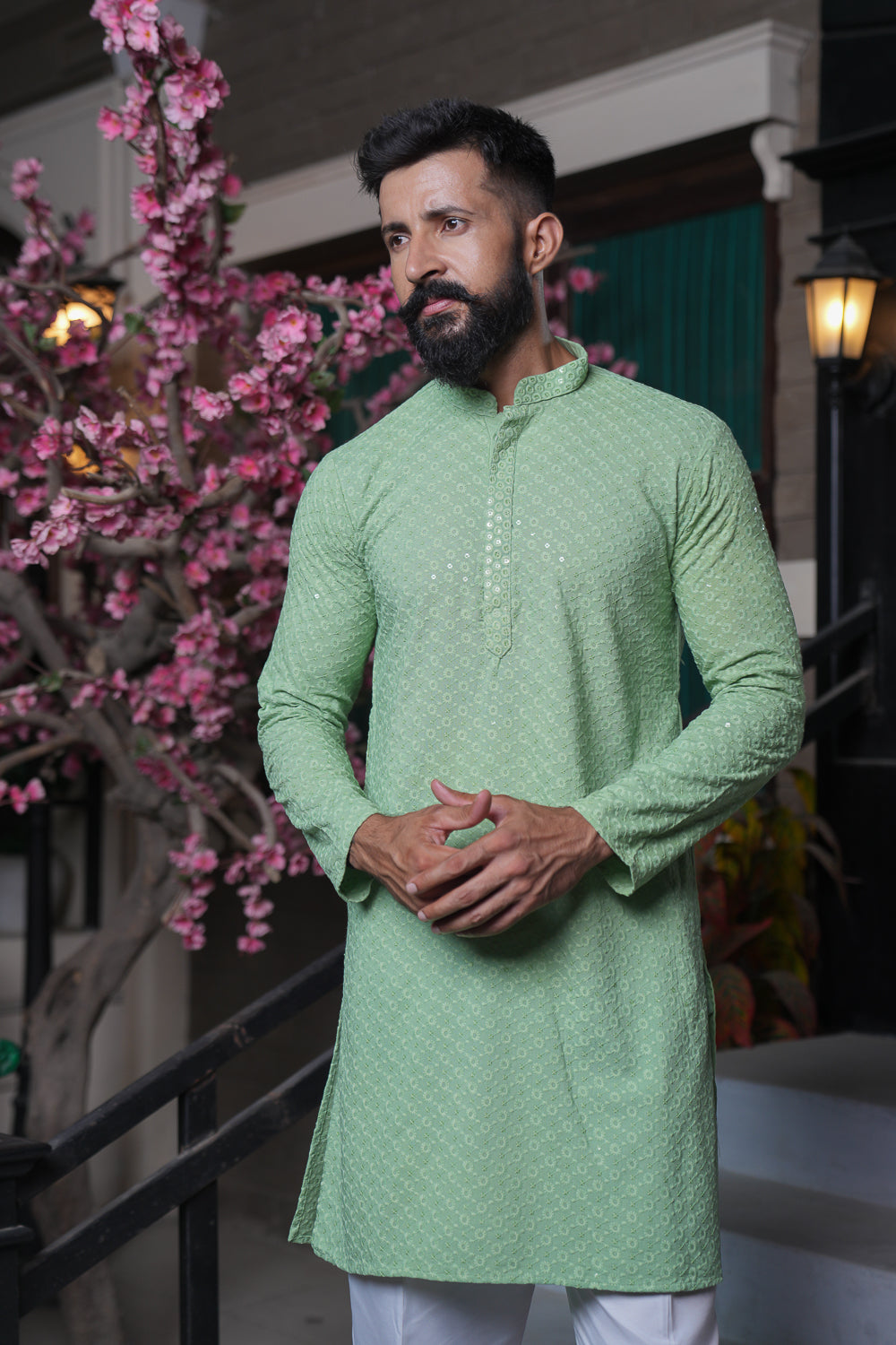 Green Pastel Sequinned Chikenkari Kurta