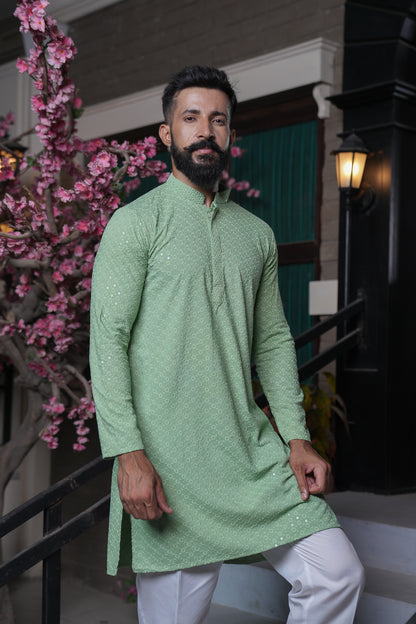 Green Pastel Sequinned Chikenkari Kurta