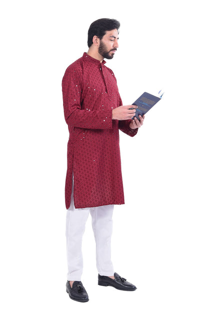 Red Chickenkari Embroidered Kurta Set