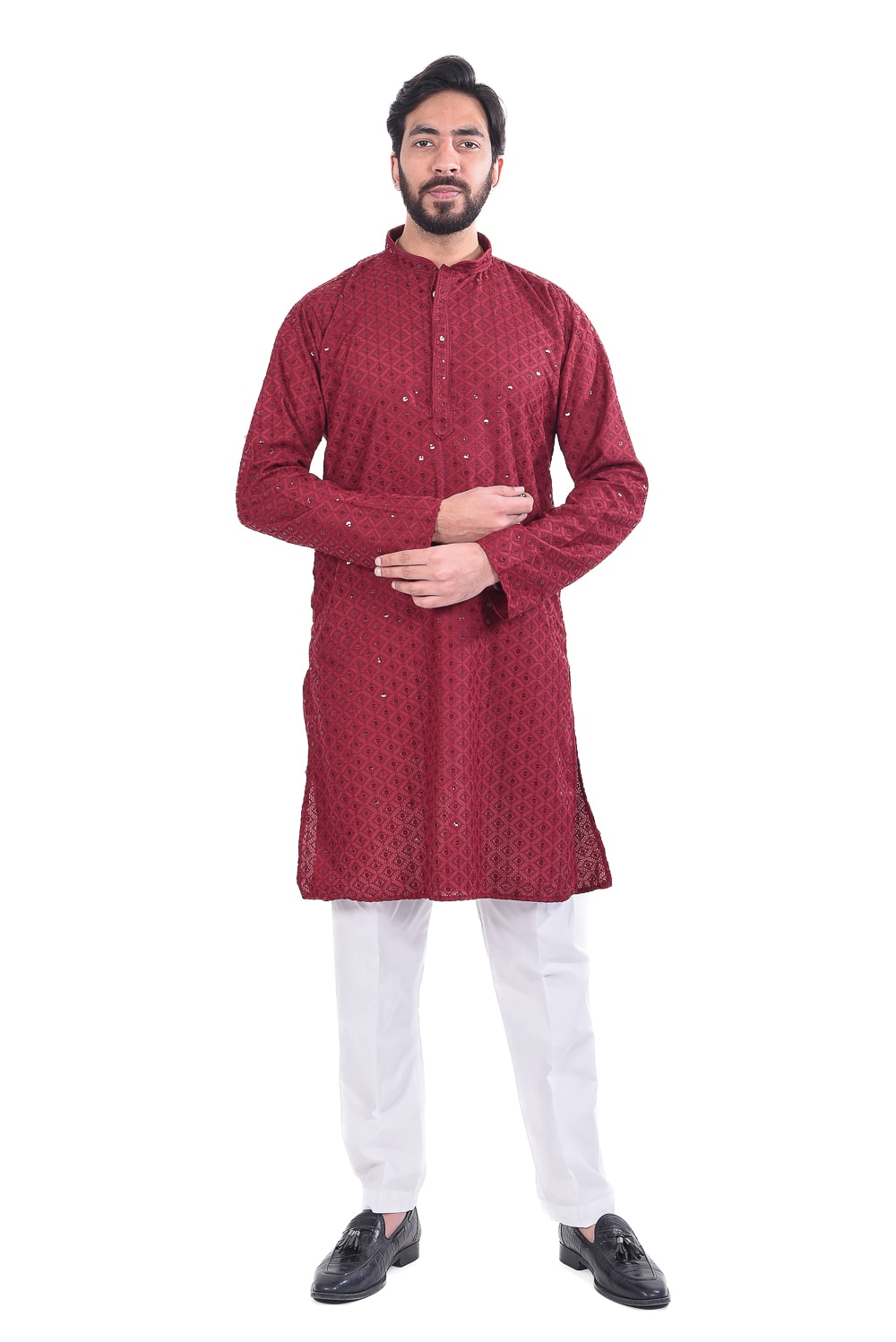 Red Chickenkari Embroidered Kurta Set