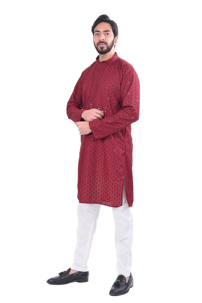 Red Chickenkari Embroidered Kurta Set