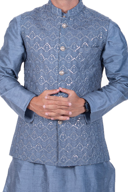 Grey Silk Embroidered Jacket Set with Motifs