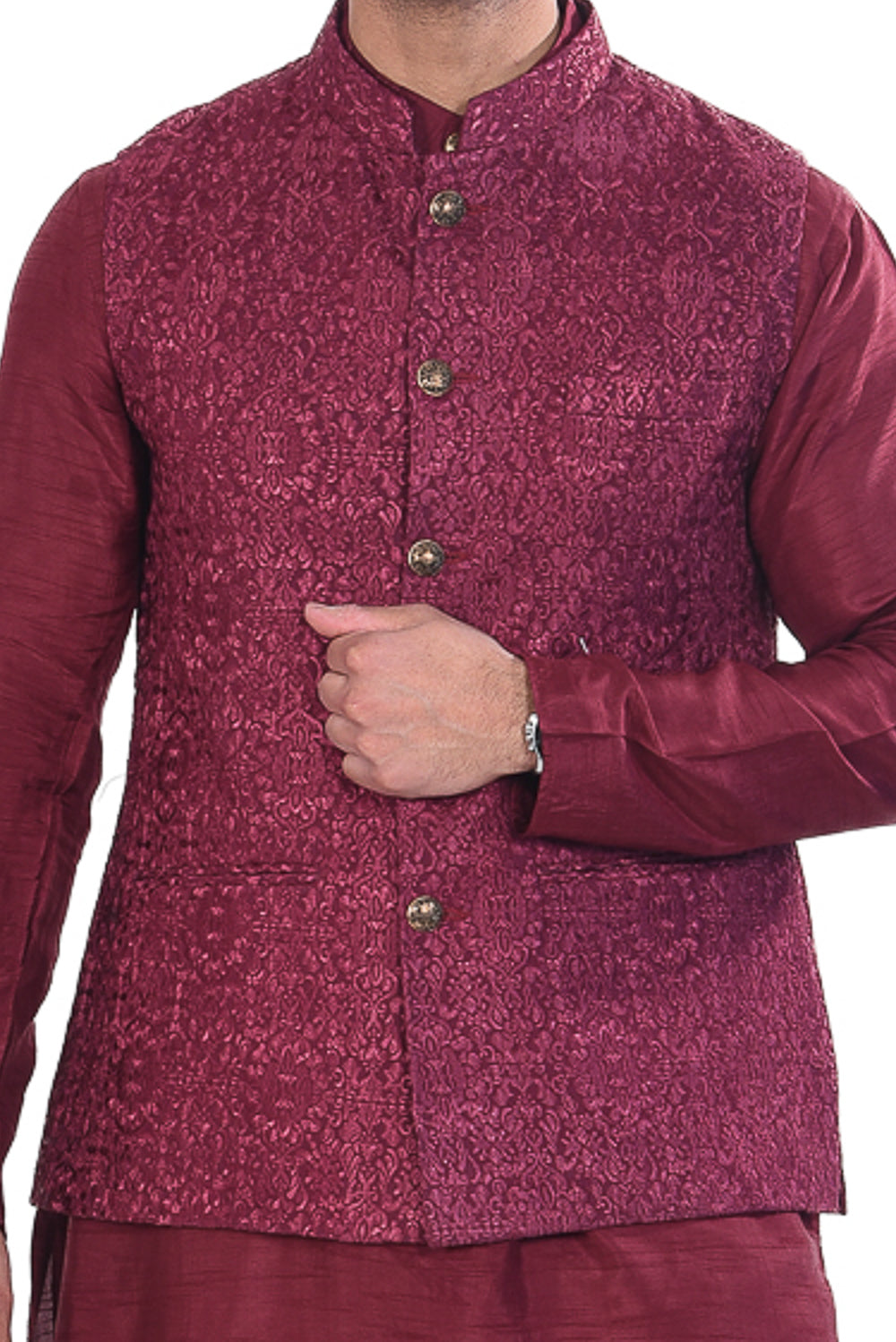 Wine Koti Jacket Set with Embroidered Motifs