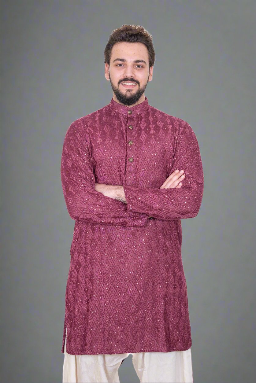 Wine Embroidered & Sequinned Kurta