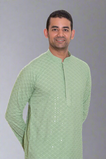 Green Pastel Sequinned Chikenkari Kurta